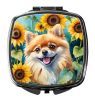 Pomeranian in Sunflowers Compact Mirror Decorative Travel Makeup Mirror for Women Girls Gifts Pocket Makeup Mirror Folding Handheld