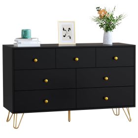 7 Drawer Dresser For Bedroom, Storage Cabinet With Golden Handles, Modern Closet Of Drawers For Living Room (Color: Black)