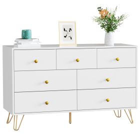 7 Drawer Dresser For Bedroom, Storage Cabinet With Golden Handles, Modern Closet Of Drawers For Living Room (Color: White)