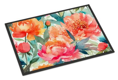 NEW Peonies in Watercolor Doormat Front Door Mat Indoor Outdoor Rugs for Entryway, Non Slip Washable Low Pile, 18H X 27W (Default: Default)