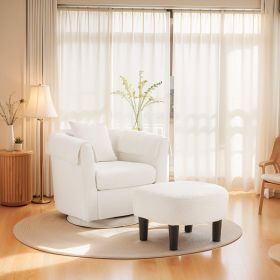 Swivel Accent Chair with Ottoman Set, Modern Chenille Barrel Armchair with Removable Back Pillow & 2 Armrest Covers for Living Room, Bedroom, Office (Main Material: Chenille, Main Color: White)